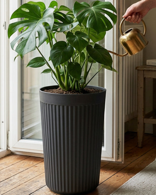Ridg Tall Ribbed Plastic Planter Charcoal 10 in