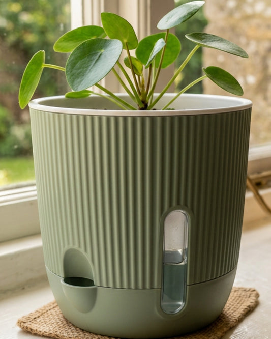 Ridg Self-Watering Plastic Planter 20 cm Sage Green - Lifestyle view